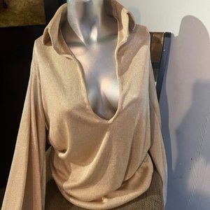 Tan Sparkle low-cut + backless flare blouse